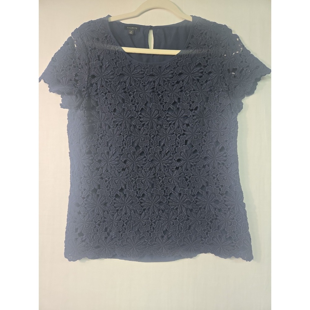Talbots Top Women's 12 Navy Lace Overlay Lined Short Sleeve Blouse Side Zip